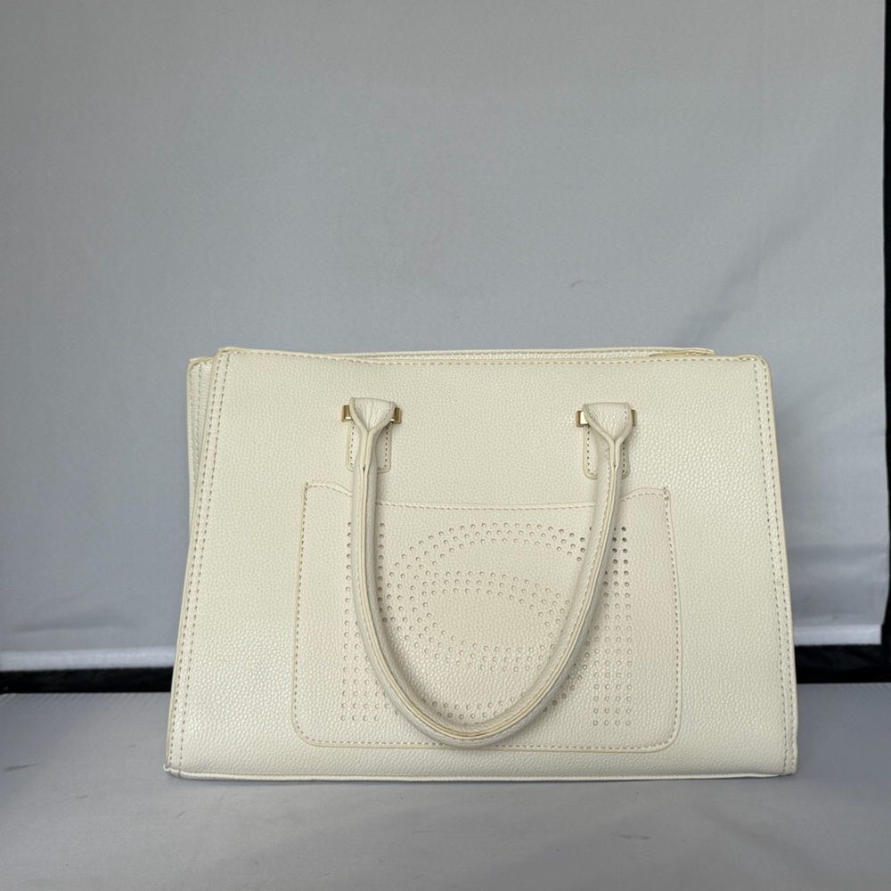 Bebe Cream Faux Leather Tote Bag Perforated Logo Gold Hardware Satchel